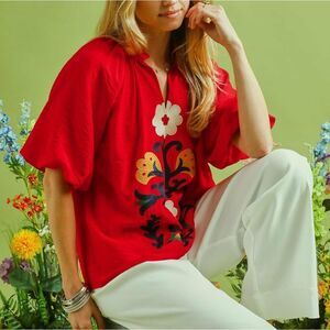 Women's Umgee Embroidered Boho Puff Sleeve Red Color Blouse